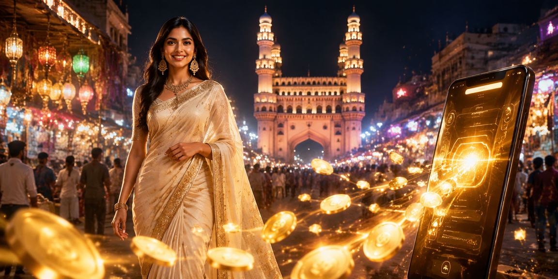 Hyderabad Charminar night scene with festive lights